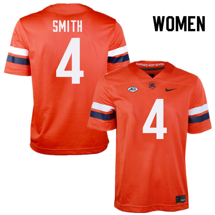 Women Virginia Cavaliers #4 Kendren Smith College Football Jerseys Stitched-Orange